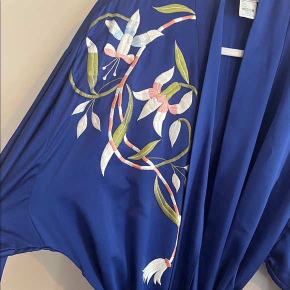 Vintage Natori Embroidered Satin Bathrobe Dressing‎ Gown Blue Floral Blue - Picture 4 of 7